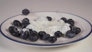 <strong>蓝边框</strong>的白色盘子上的<strong>蓝</strong>莓.. 白色酸奶落在浆果上